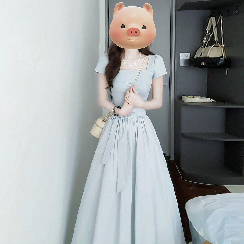 British Dhwa Square-Neck Short-Sleeved Dress for Women, Summer, Very Beautiful, Waist-Slimming, Elegant Long Dress