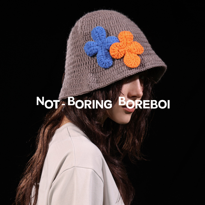 Nb B丨Sheep Wool Blend Woven Fisherman's Hat for Women, Handmade Crochet Cross-Stitch Patch, Autumn and Winter Bucket Hat with Plush Embellishments