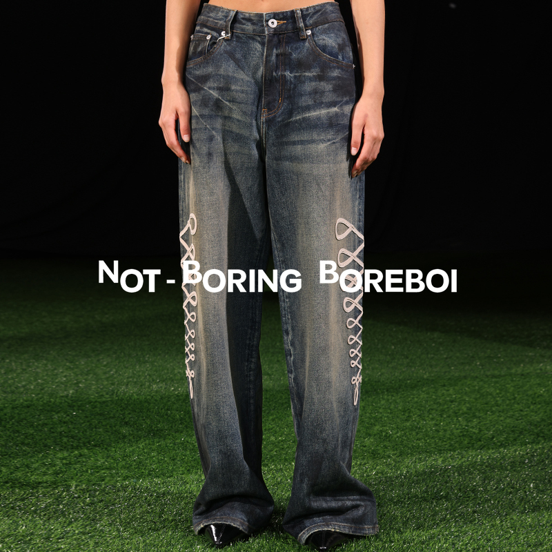 Nb B丨Heavy Wash Color-Washed Jeans for Women, Hand-Washed Color-Washed Jeans with Court-Style Rope Embroidery and Adjustable Back Waistband Nb B丨Heavy Wash Color-Washed Jeans for Women, Hand-Washed Color-Washed Jeans with Court-Style Rope Embroidery and Adjustable Back Waistband