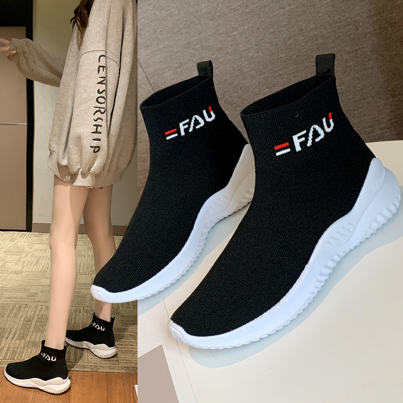 弹力袜子鞋女网红飞织高帮运动鞋高帮鞋短靴-秒客网