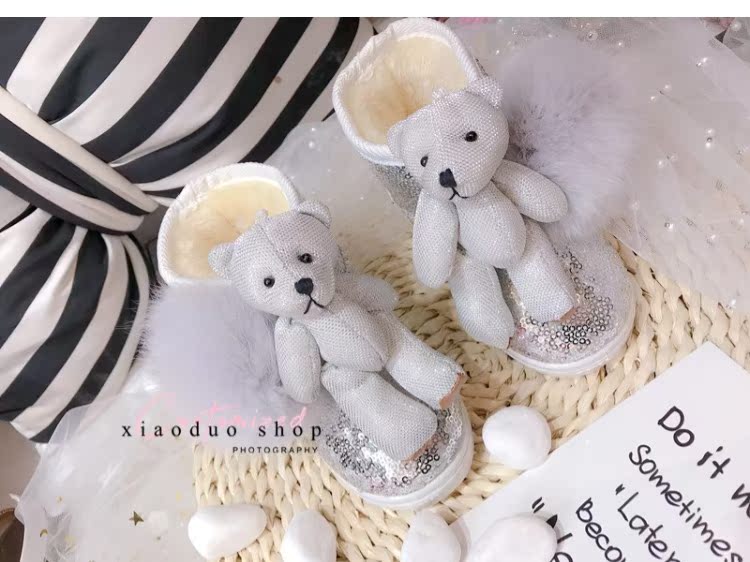 Mùa đông phim hoạt hình thỏ lông búp bê giày bông mới cô gái ấm tuyết sequin tuyết trong cậu bé lớn bông lớn giày sinh viên thủy triều đai đeo chân