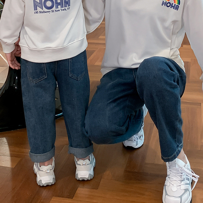 Western style parent-child jeans 2021 summer mother-daughter father-son thin trousers Children's clothing wide leg pants Boys and girls