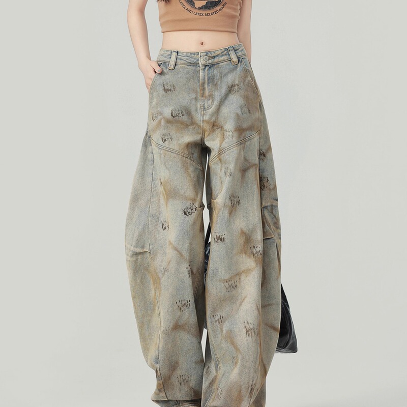 British Dgkp Wide-Leg Scimitar Pants 2026 Spring and Autumn New Vintage Tie-Dye Heavy-Duty Dirty Wash High-Waisted Jeans for Women