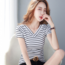 The United States and Europe brother Fei short-sleeved T-shirt womens 2021 summer new slim slim front and rear large V-neck striped half-sleeve T-shirt