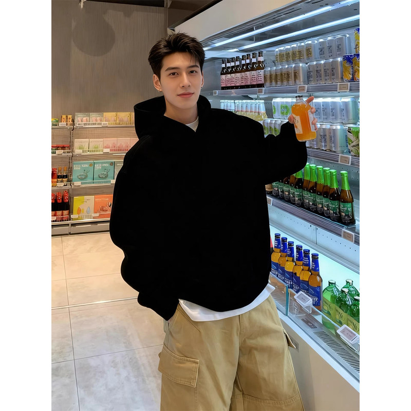 Korean Uamtor Black 520g Heavyweight Hoodie for Men, Autumn and Winter Short Wide Boxy American Style Inner Hoodie Jacket