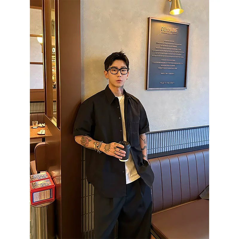 Korean Uamtor Stylish Black Trendy Short-Sleeve Shirt with a High-End Vibe, Cool and Handsome Korean-Style Half-Sleeve Shirt Jacket