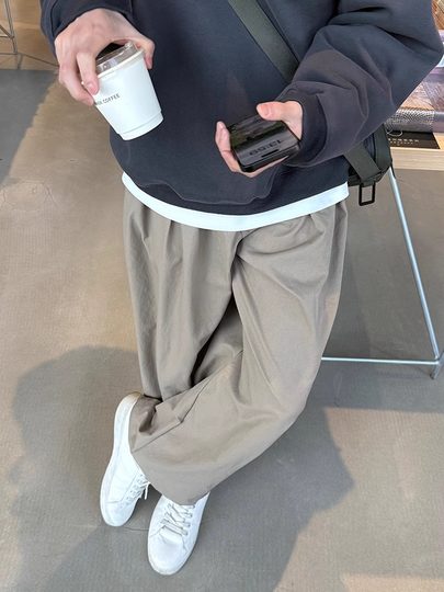 韩国Uamtor男卫裤秋冬2025新款纯色打褶休闲裤卡其宽松简约百搭裤