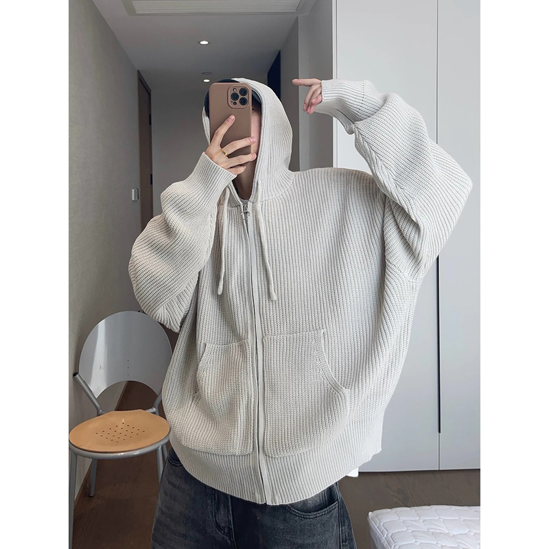 Uamtor Autumn and Winter Men's Retro Sweater Versatile Solid Color Light Gray Loose Hooded Drop-Shoulder Zipper Jacket Uamtor Autumn and Winter Men's Retro Sweater Versatile Solid Color Light Gray Loose Hooded Drop-Shoulder Zipper Jacket