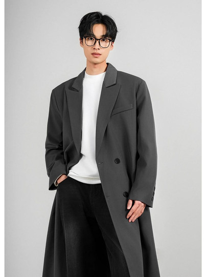 Corea del Sur Uamtor 2025 nueva chaqueta de traje de hombre de longitud media con doble botonadura y hombreras de invierno abrigo fino hasta la rodilla