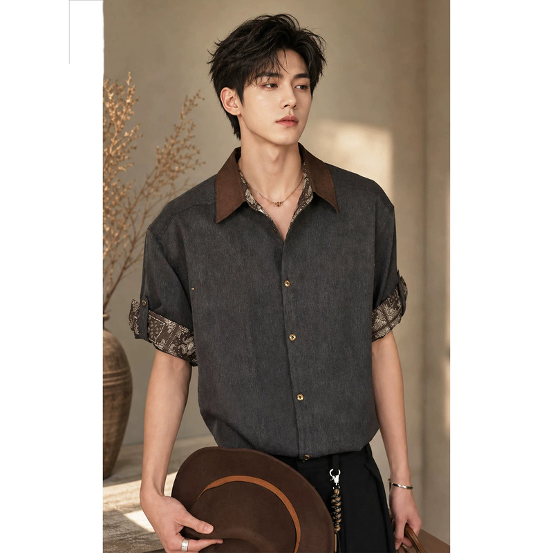 Korean Uamtor Faux Two-Piece Ice Silk Denim Shirt for Men, Summer Old Money Style Short-Sleeve Shirt, American Retro Jacket Korean Uamtor Faux Two-Piece Ice Silk Denim Shirt for Men, Summer Old Money Style Short-Sleeve Shirt, American Retro Jacket