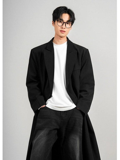 Corea del Sur Uamtor 2025 nueva chaqueta de traje de hombre de longitud media con doble botonadura y hombreras de invierno abrigo fino hasta la rodilla