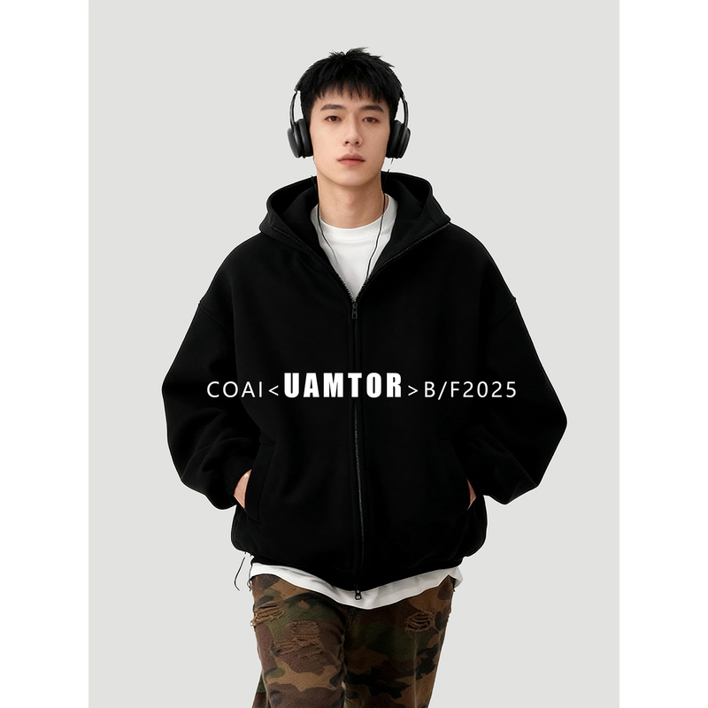 Korean Uamtor Heavyweight Black Hooded Cardigan Sweatshirt for Men, Spring Cardigan, Casual Jacket, Loose Jacket