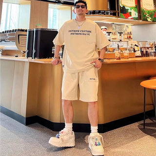 Korean Uamtor Men's Summer Suit Hip-Hop Style American Street Letter Print Round Neck Short-Sleeved Shorts Two-Piece Set