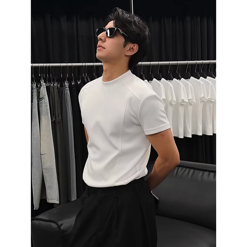 Korean Uamtor White Padded Shoulder Short-Sleeve Men's Summer Thin Style Cool and Stylish High-End Small Collar American-Style T-Shirt