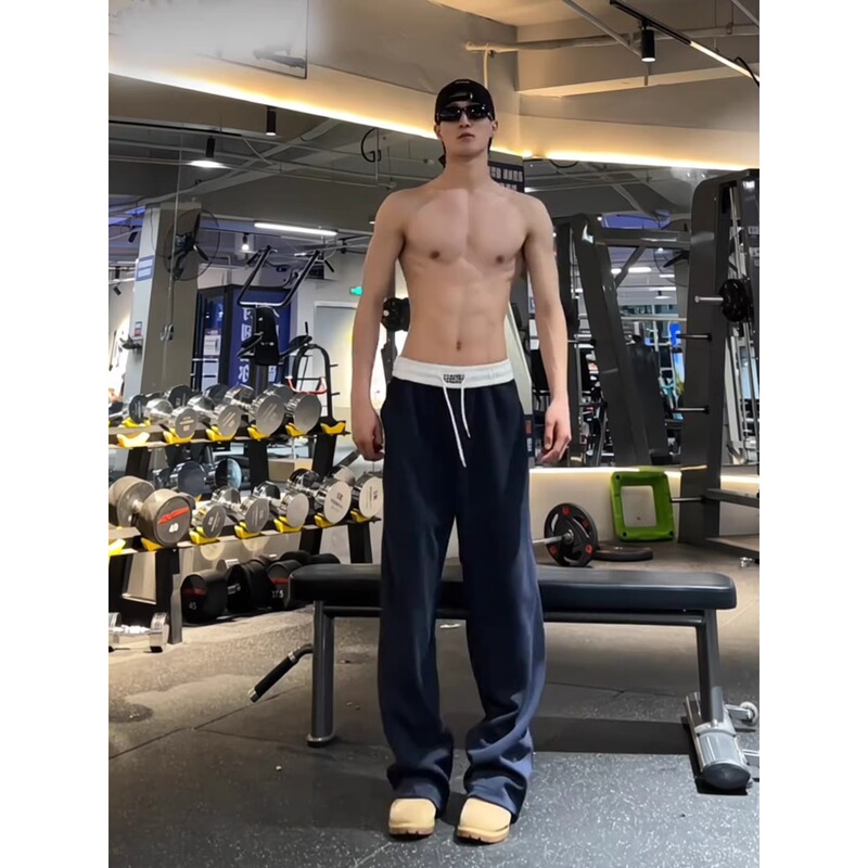 Korean Uamtor Navy Blue American-Style Sports Sweatpants for Men, Cleanfit Embroidered Casual Straight-Leg Pants, Slightly Flared Pants