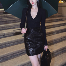 nicky2022 new skirt womens black spring and autumn bag hip leather skirt temperament high waist a-line skirt slim skirt