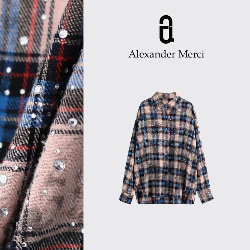 [Gryffindor] American-Style Shiny Retro Heavy-Duty Full-Diamond Exquisite Lazy-Style Plaid Shirt D26T40666