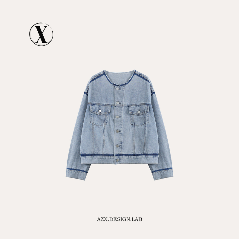 【Lan Tiao Denim】Mala Collarless Round-Neck Color-Blocked Washed Vintage-Style Oversized Jacket D26T81404