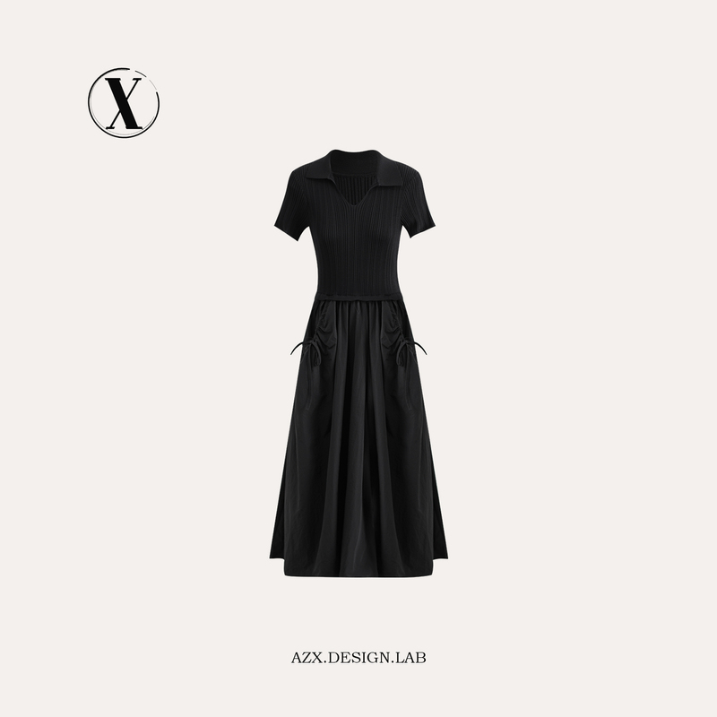【Black Dress】Highly Sophisticated Minimalist Style V-Neck Pocket Drawstring Waist Slimming Long Dress D26T72302