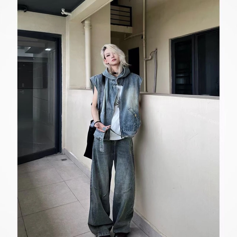 Jo Niche Retro Washed Vintage Hooded Sleeveless Denim Vest Jacket Loose Scimitar Jeans Deconstructed Set