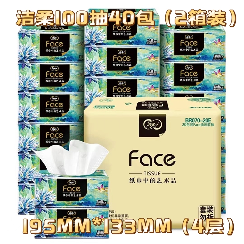 2 Boxes of 40 Packs of Jierou Facial Tissue, Oil Painting Design, 4-Ply, 100 Sheets Per Pack, 20 Packs X 2 Boxes, Affordable Pack of Toilet Paper/Hand Wipes