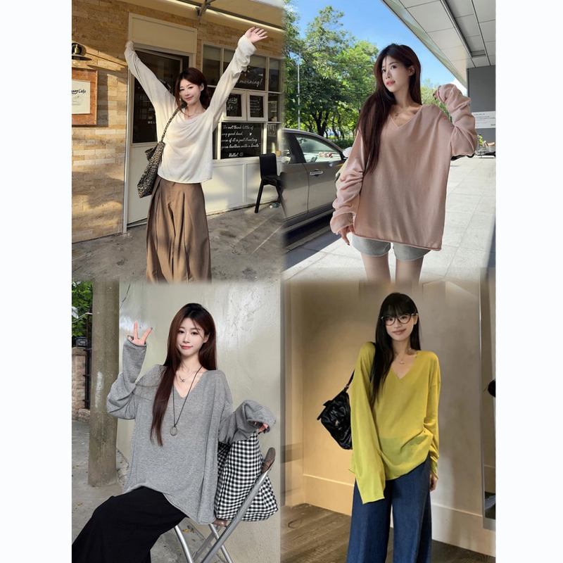 Maternity Wear 2026 Spring and Summer Outerwear Blouse V-Neck Loose Long-Sleeved T-Shirt Lazy Style Sun Protection Knitwear for Women Maternity Wear 2026 Spring and Summer Outerwear Blouse V-Neck Loose Long-Sleeved T-Shirt Lazy Style Sun Protection Knitwear for Women