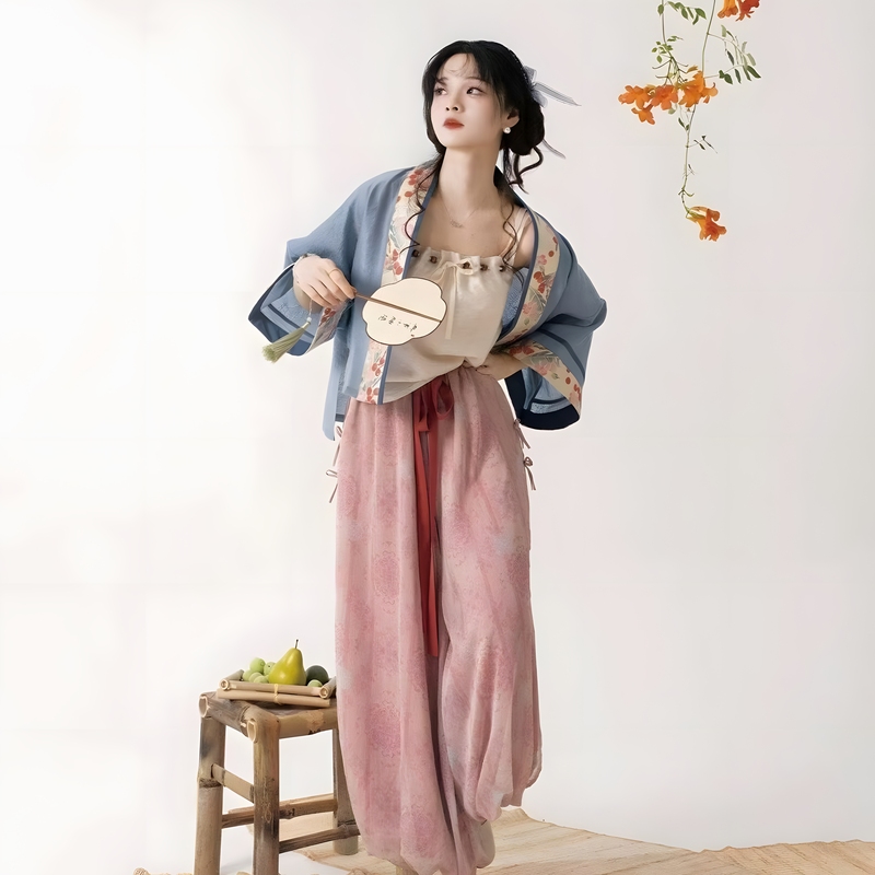 New Hanfu for Women, Song-Style Original Design, Modern Chinese Style, Everyday Wearable, Improved Mink-Sleeve Halter Top and Lantern Pants, National Style Set for Summer New Hanfu for Women, Song-Style Original Design, Modern Chinese Style, Everyday Wearable, Improved Mink-Sleeve Halter Top and Lantern Pants, National Style Set for Summer