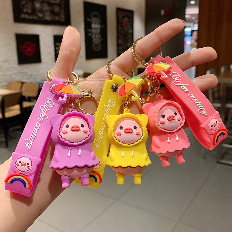 Boutique cute raincoat piggy keychain female cartoon doll backpack lanyard pendant couple gift soft key