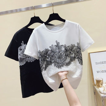 Loose round neckline age-reducing lace short-sleeved T-shirt women's 2022 summer new design sense niche ins top trend