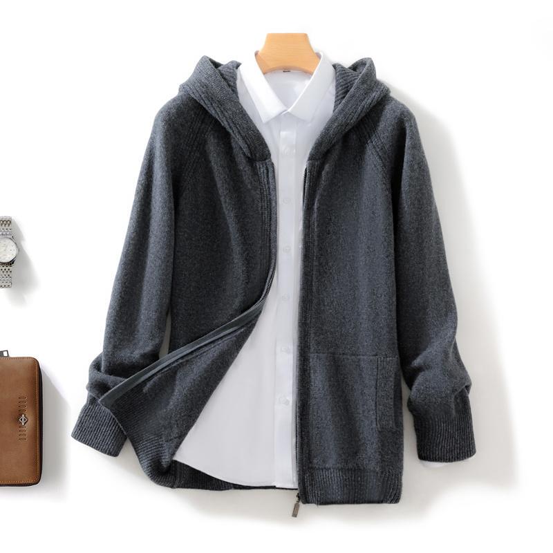 100% Pure Wool Men's Cardigan Thickeneded Knitted Zipper Hoodie Warm Sweater Casual Sweatshirt Jacket