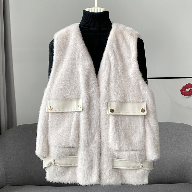 Mink fur vest women's coat whole mink fur vest mink velvet real mink fur 2022 winter new mid-length V-neck