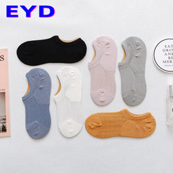 Women's Cotton Socks, Low-Cut Invisible Silicone Non-Slip Boat Socks, Spring and Summer Thin Hollow Mesh Breathable Black Socks