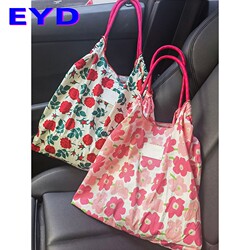 Floral Fabric Bag, Large Capacity Rose Canvas Bag, Beach Bag, Shopping Bag, Women's New High-End Bag