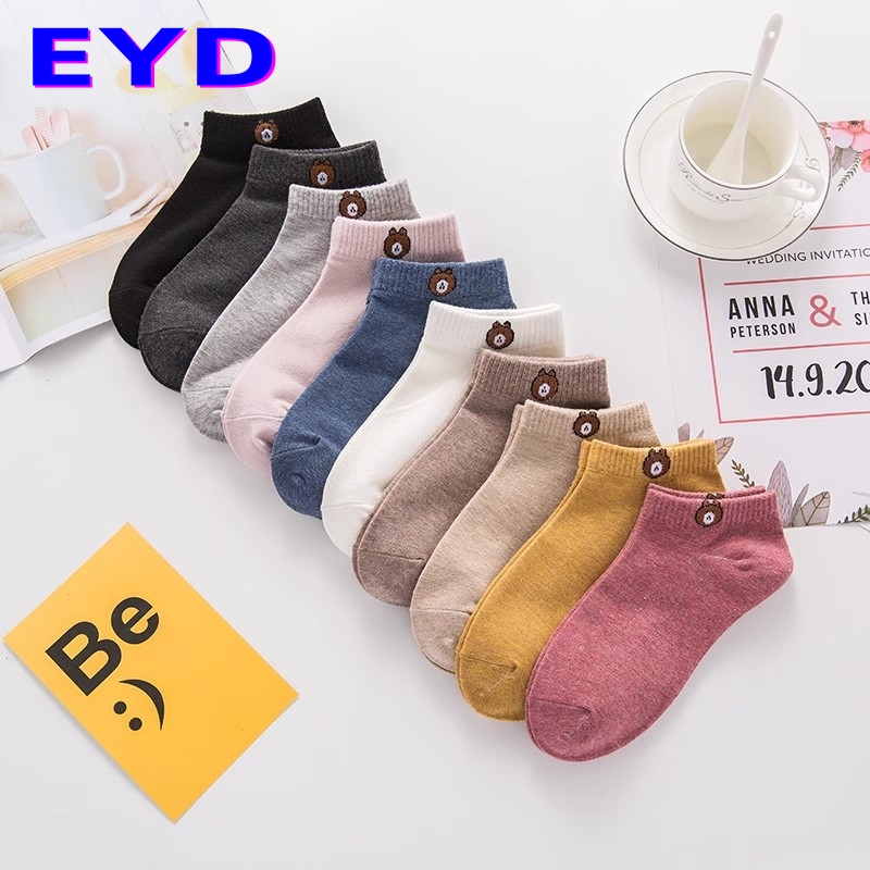 Cute Bear Socks for Women, Short Socks, Shallow Mouth, Korean Style, Mickey, Japanese Style, Solid Color, College Style, Trendy, Summer Thin Boat Socks, Ins Style