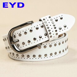 Women's Wide White Leather Belt for Jeans, Versatile Genuine Leather Belt, Fashionable and Unique Studded Belt Decoration, Pure Cowhide