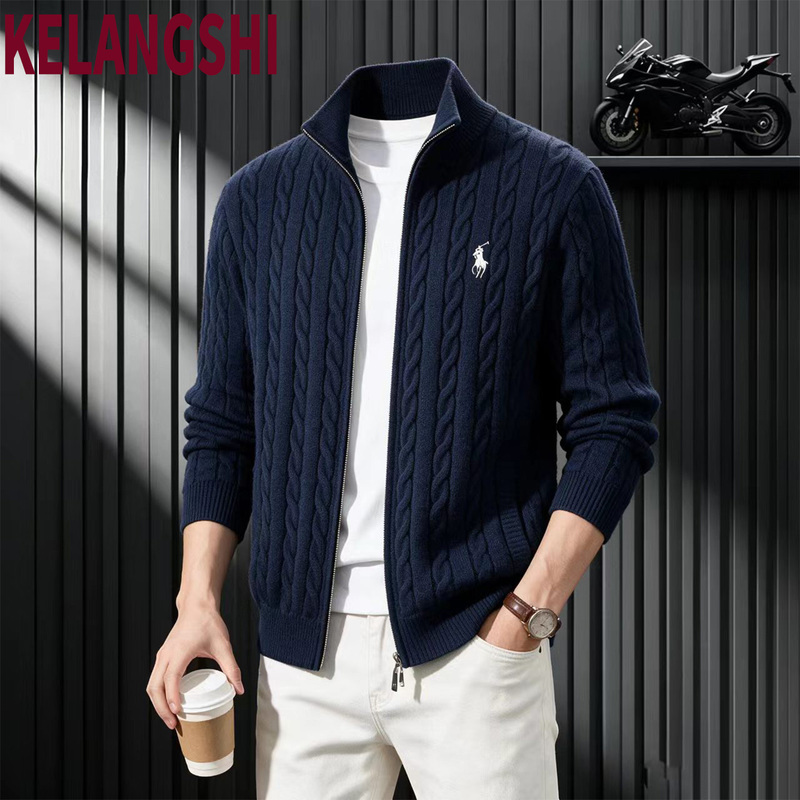 Light Luxury Stand-Up Collar Zip-Up Knit Cardigan for Men, Cable Pattern Warm Sweater Jacket with Embroidered Pony Logo, Autumn and Winter Jacket