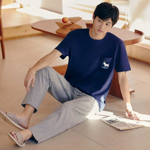 Осенняя пижама, мужские хлопковые дышащие штаны, комплект, коллекция 2021, короткий рукав