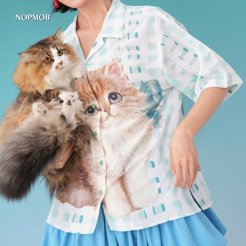 Nopmob Soft and Adorable Cat Kitten Oil Painting Print Original Design Loose Thin Short Sleeve Top Shirt Nopmob Soft and Adorable Cat Kitten Oil Painting Print Original Design Loose Thin Short Sleeve Top Shirt