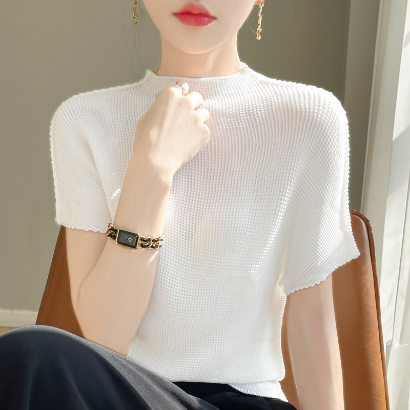 High-Bottom Crumpled Miyake Top Half Turtleneck Short-Sleeved T-Shirt Women's Loose Summer Textured Bottoming Shirt Elastic Vest