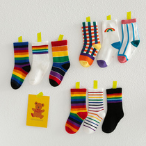 Childrens tide socks Spring and Autumn New ins Korean version of boys and girls rainbow socks pure cotton baby stacking socks Korea