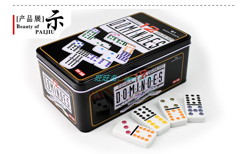 Large number 5210 melamine domino dominoes double twelve white bottom color dot iron box suit 91 Dominoes