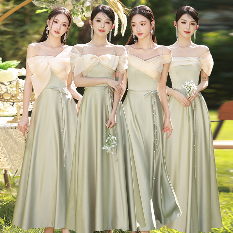 Light Green Satin Bridesmaid Dress 2026 New Summer Wedding Sister Group Long Dress Elegant Choir Performance Dress Daily Wear Light Green Satin Bridesmaid Dress 2026 New Summer Wedding Sister Group Long Dress Elegant Choir Performance Dress Daily Wear