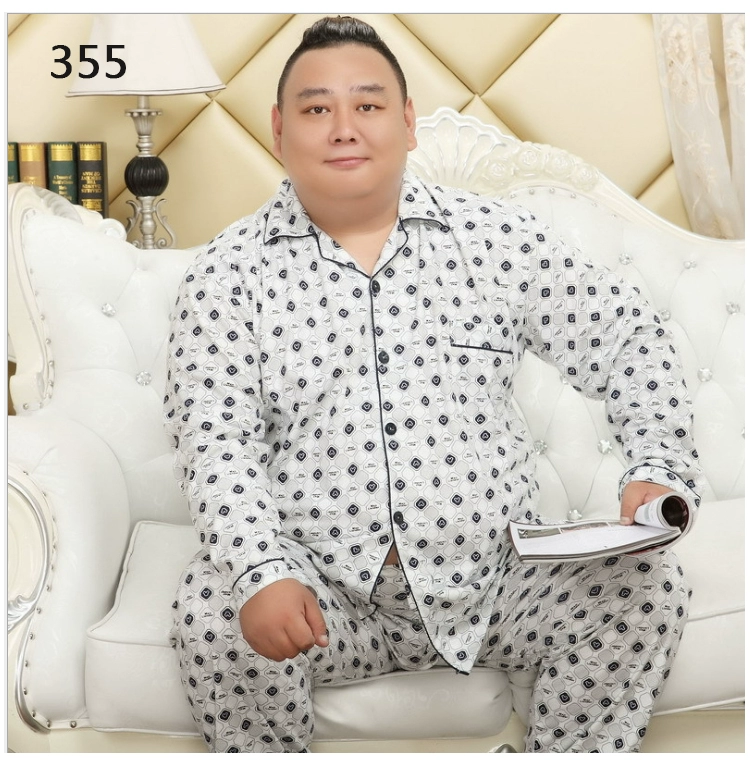 Bộ đồ ngủ nam cỡ lớn cộng với phân tăng mùa thu thuần chất liệu cotton dài tay chất béo lỏng lẻo bộ đồ phục vụ tại nhà - Bộ Pajama