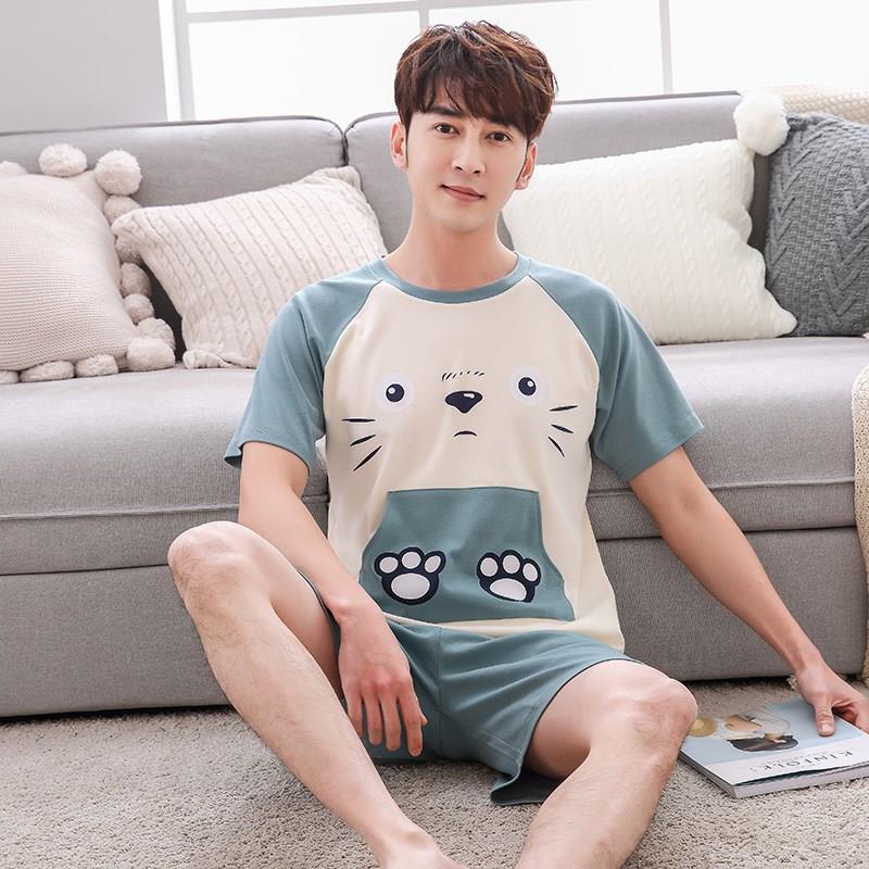 Mens đồ ngủ 12-13-15 tuổi cotton ngắn tay áo phù hợp với cơ sở học sinh trung học chàng trai mùa hè thẻ mỏng.