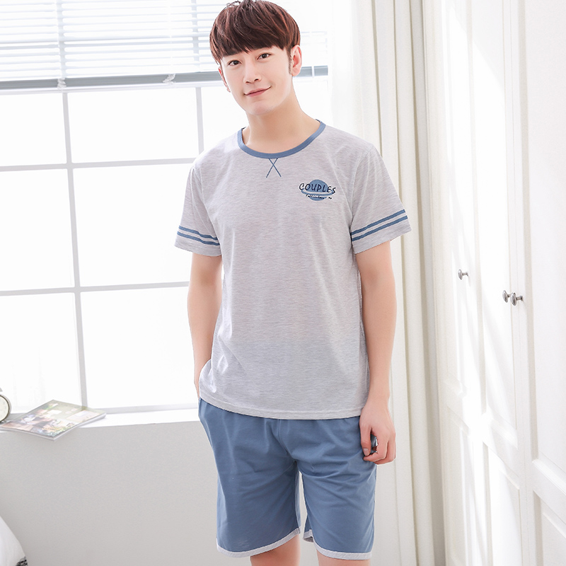 Mens đồ ngủ 12-13-15 tuổi cotton ngắn tay áo phù hợp với cơ sở học sinh trung học chàng trai mùa hè thẻ mỏng.