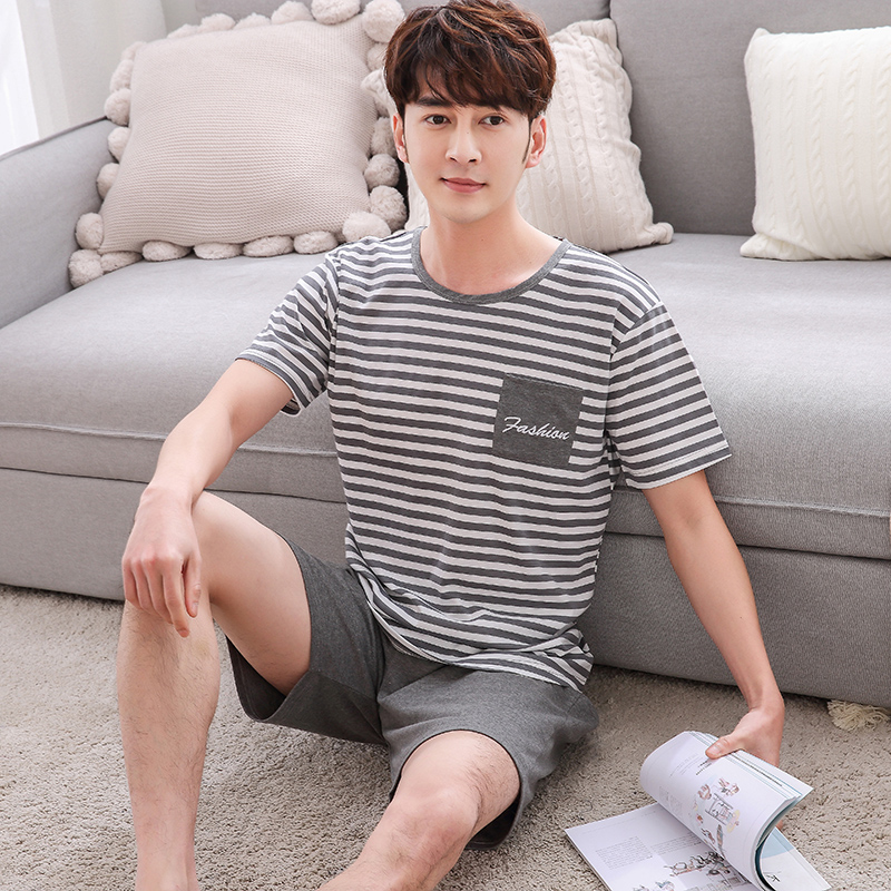 Mens đồ ngủ 12-13-15 tuổi cotton ngắn tay áo phù hợp với cơ sở học sinh trung học chàng trai mùa hè thẻ mỏng.