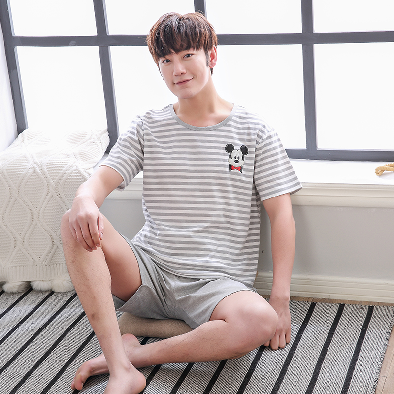 Mens đồ ngủ 12-13-15 tuổi cotton ngắn tay áo phù hợp với cơ sở học sinh trung học chàng trai mùa hè thẻ mỏng.