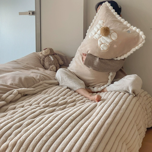 Коралловый зимний двусторонний удерживающий тепло комплект, простыня на флисовой подкладке, пододеяльник, с медвежатами, 4 предмета