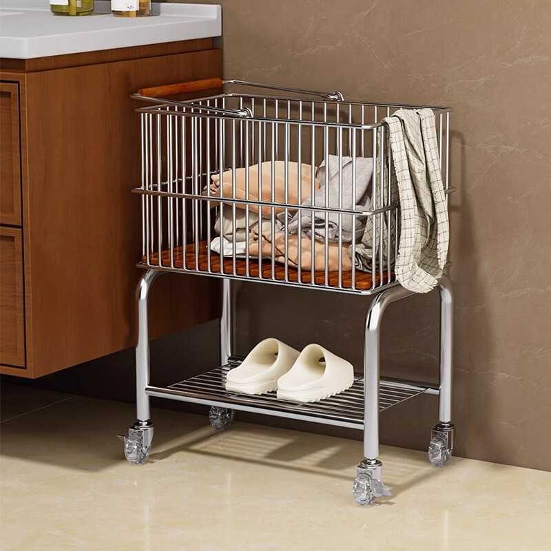 Household Double-Layer Trolley Storage Rack, Bathroom Laundry Basket, Dirty Clothes Hamper, Storage Basket, Snack Rack, Backpack Rack