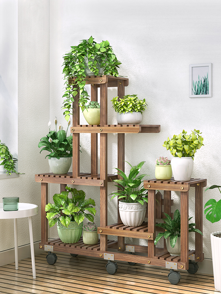 Belt Wheel Multilayer Solid Wood Flower Shelf Floor Type Balcony Indoor Living Room Province Space Flower Pot Potted Wood Shelf